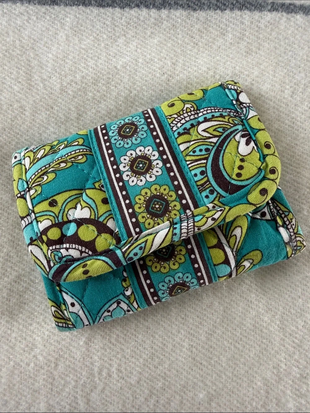VERA Bradley Quilted Fold-Over Wallet in Teal and Lime Paisley